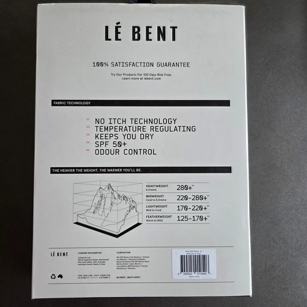 Le Bent Mens Black Wool Blend Base Layer Midweight Bottom 260 Size XL NWT $130